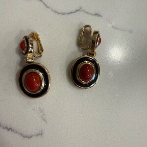 Vintage Dior Gold and Red Earrings with Black Accents
